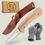 Schnitzmesser mit Handschuhen und Ledertasche