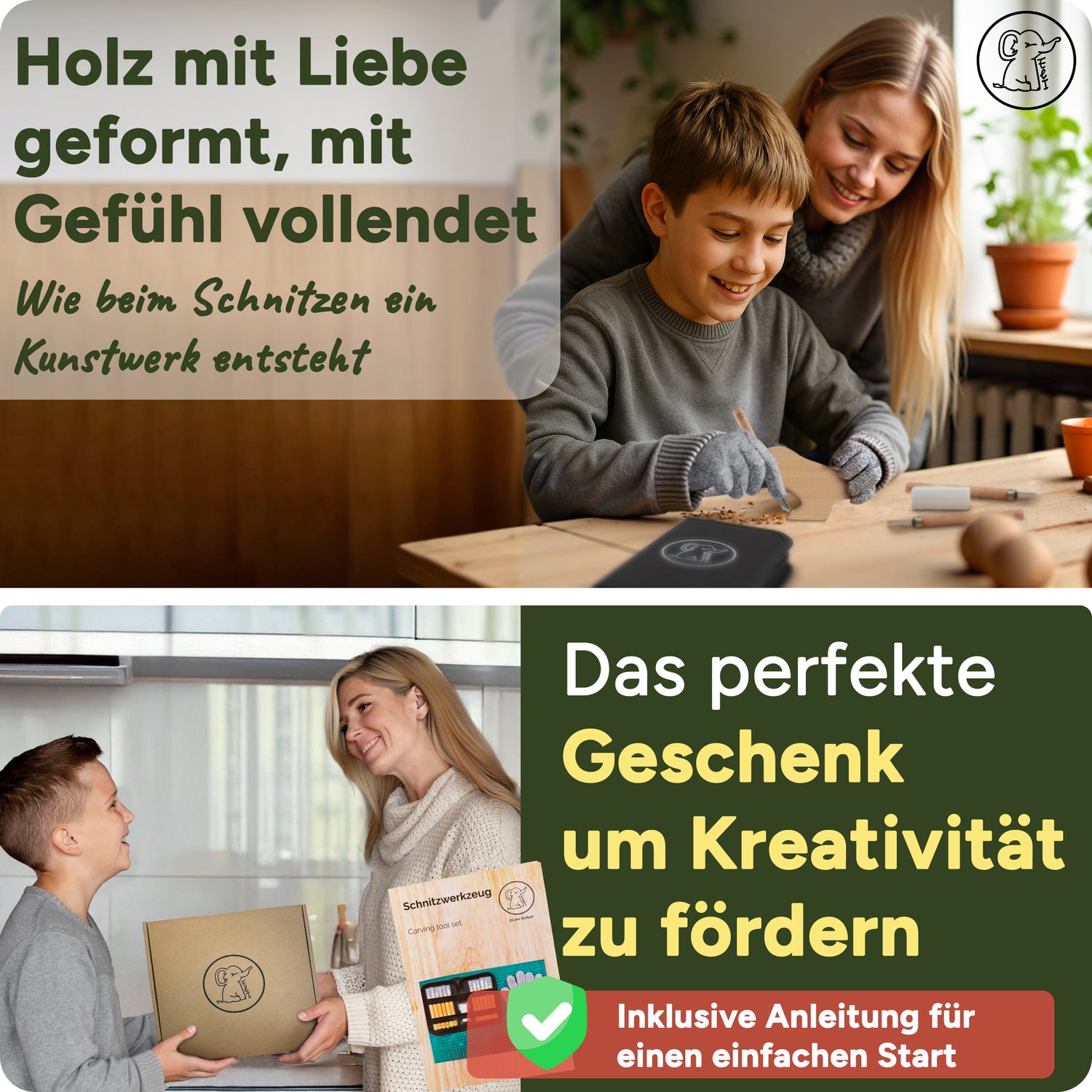 Schnitzmesser Kinder mit 12 Werkzeugen - Handschuhe - Schleifstein