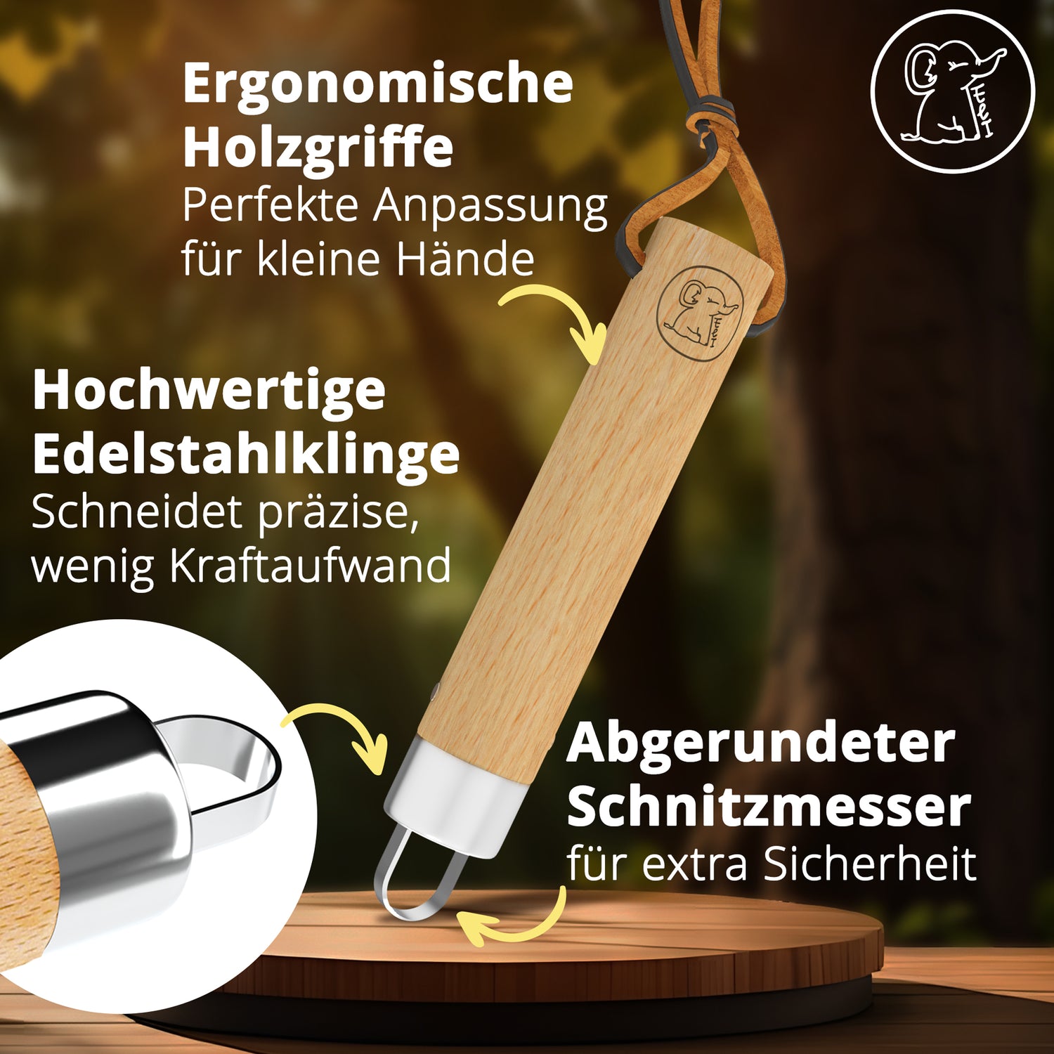 Schälmesser für Kinder mit runder Klinge und Buchenholzgriff