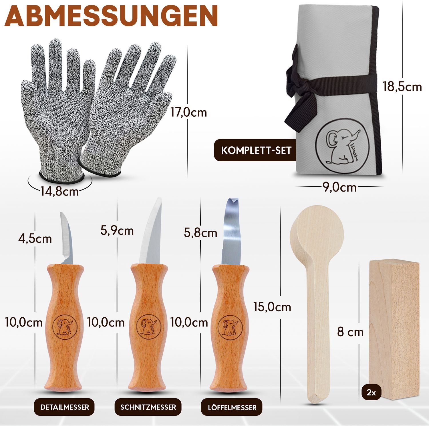 Schnitzset inkl. Lindenholz, Handschuhen und grauer Tasche