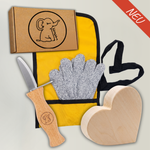 Kinder-Schnitzset 4-teilig mit Herzrohling & gelber Tasche
