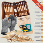 Schnitzmesser Kinder mit 12 Werkzeugen, Anleitung und Ledertasche