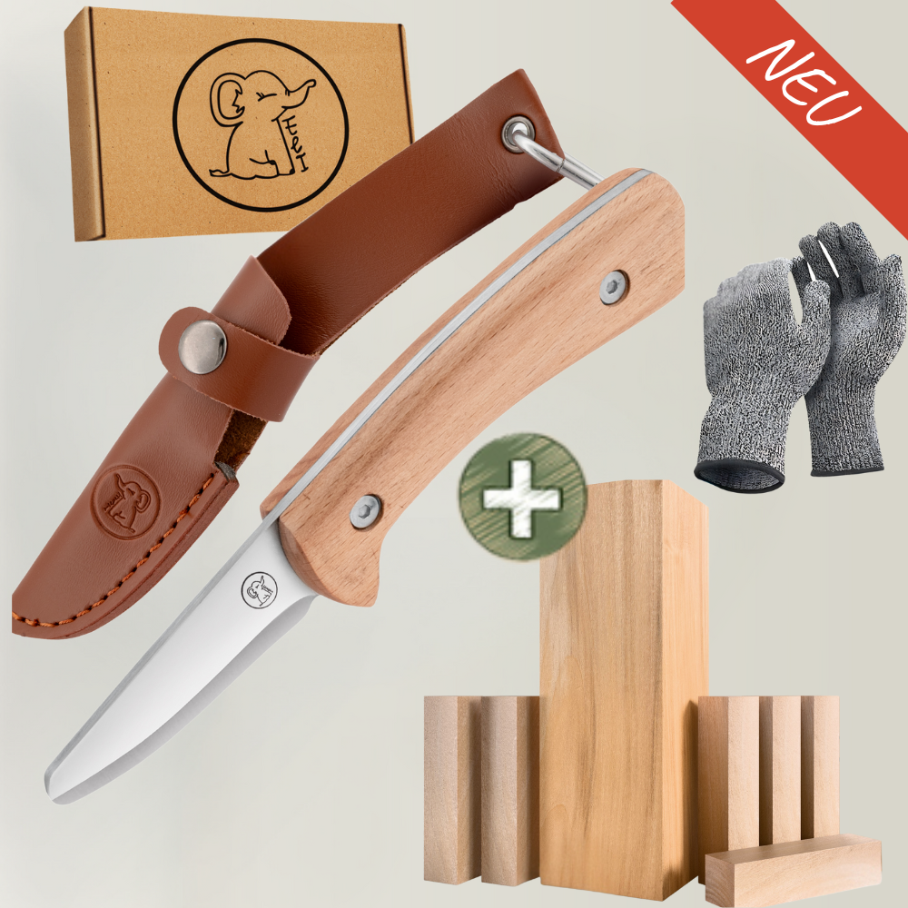 Schnitzmesser inkl. Schnitzholz - Handschuhen und Ledertasche