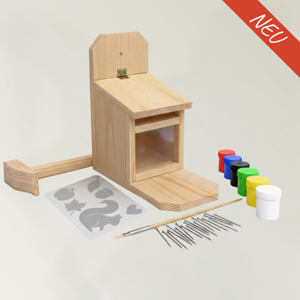 Eichhörnchen Futterhaus für Kinder aus Kiefernholz zum Bemalen