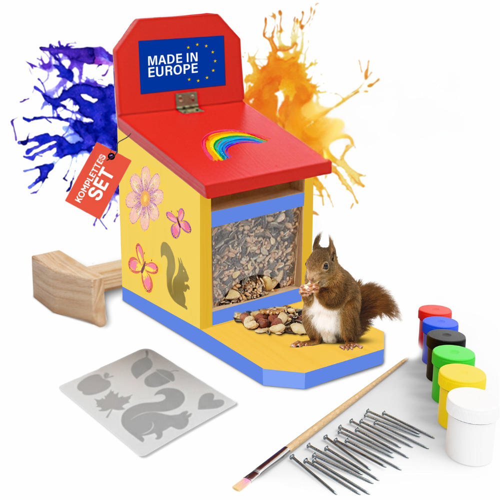 Eichhörnchen Futterhaus für Kinder aus Kiefernholz zum Bemalen