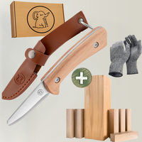 Schnitzmesser inkl. Schnitzholz - Handschuhen und Ledertasche