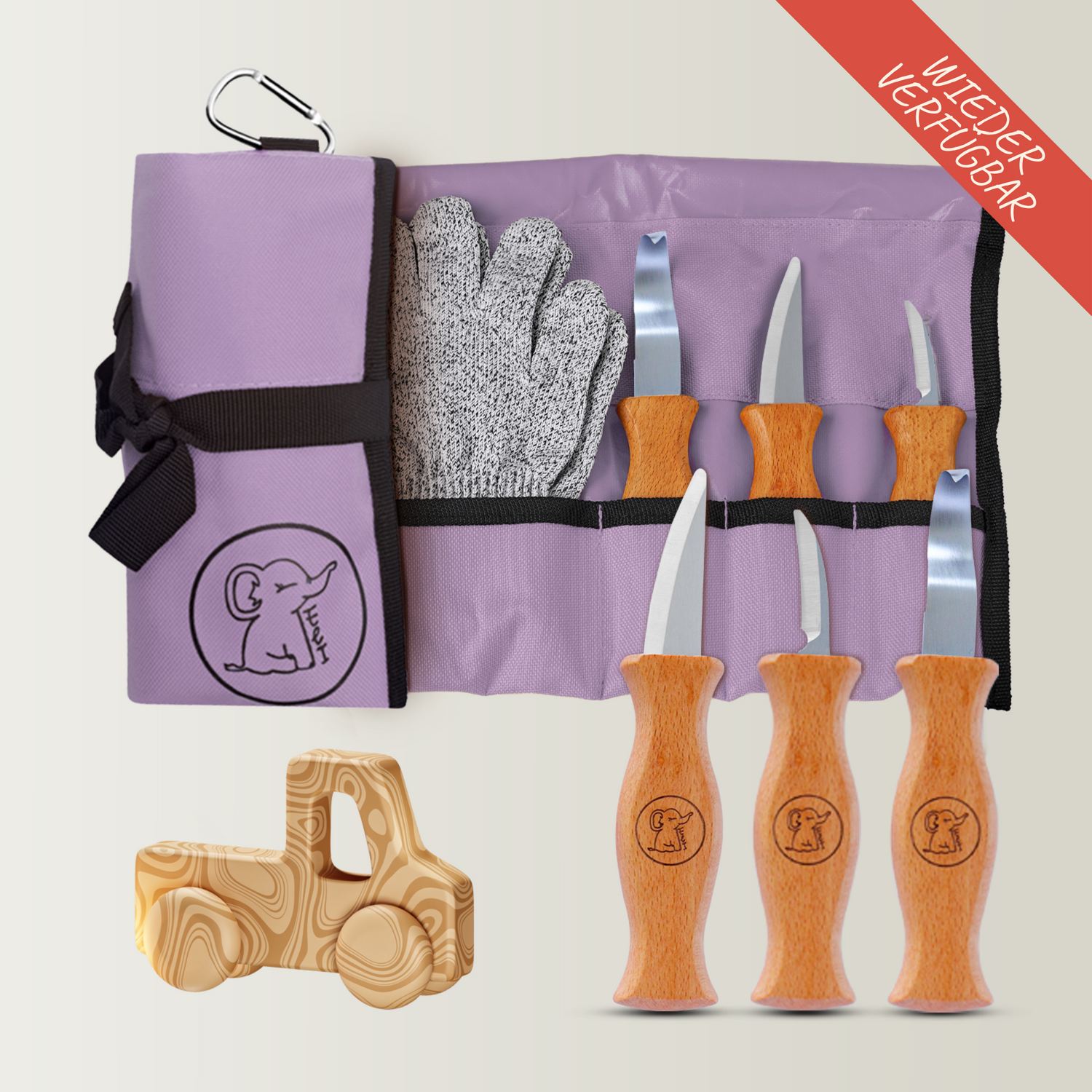 Schnitzset aus 3 Messern, Handschuhen und Tasche in Flieder