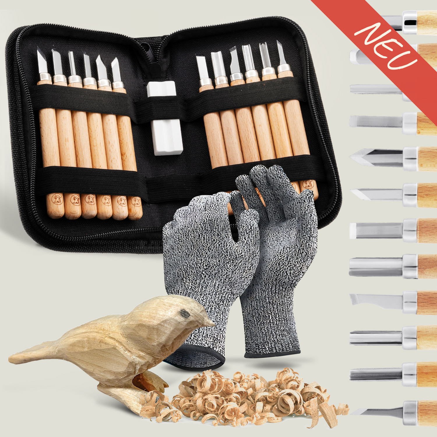 Schnitzmesser Kinder mit 12 Werkzeugen - Handschuhe - Schleifstein