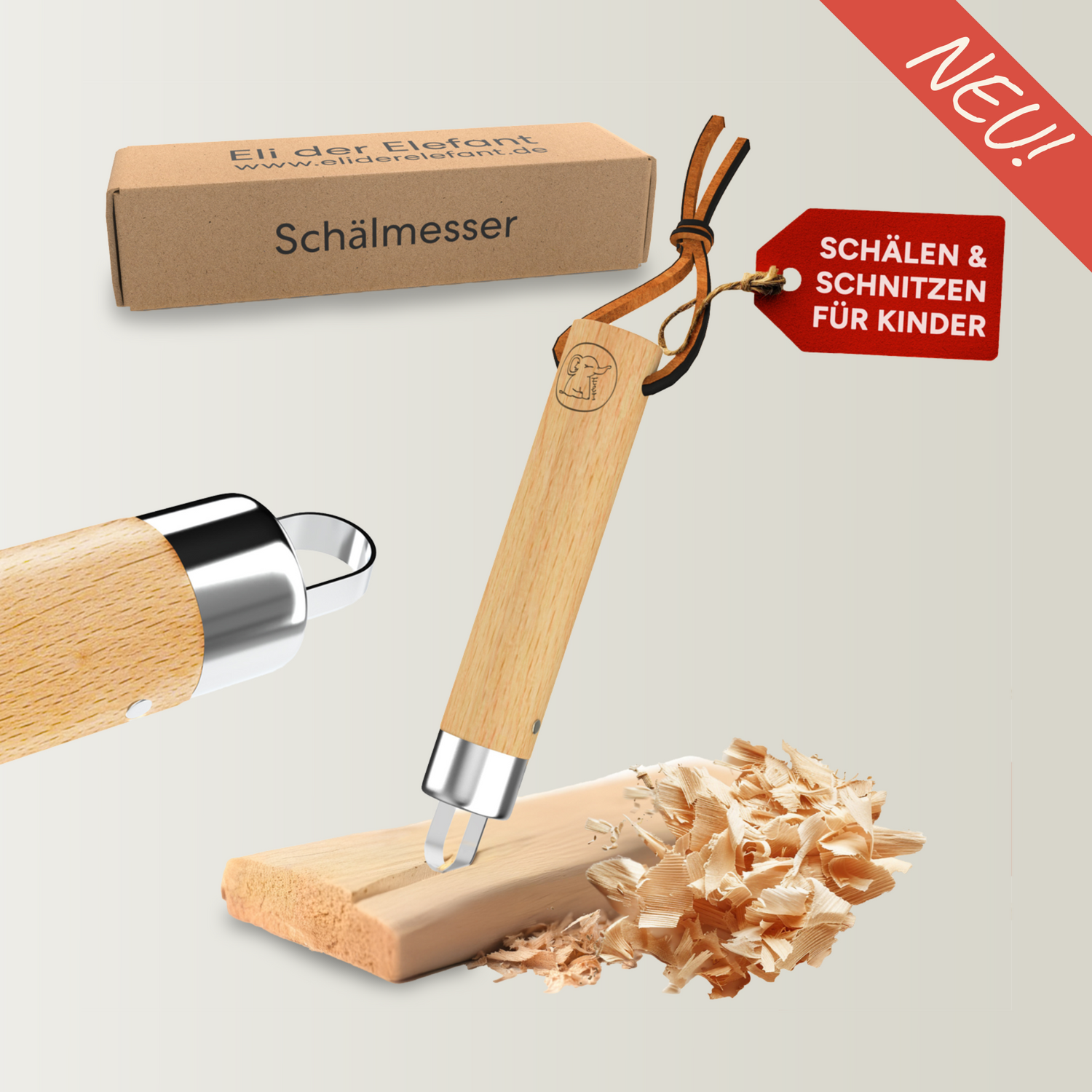 Schälmesser für Kinder mit runder Klinge und Buchenholzgriff