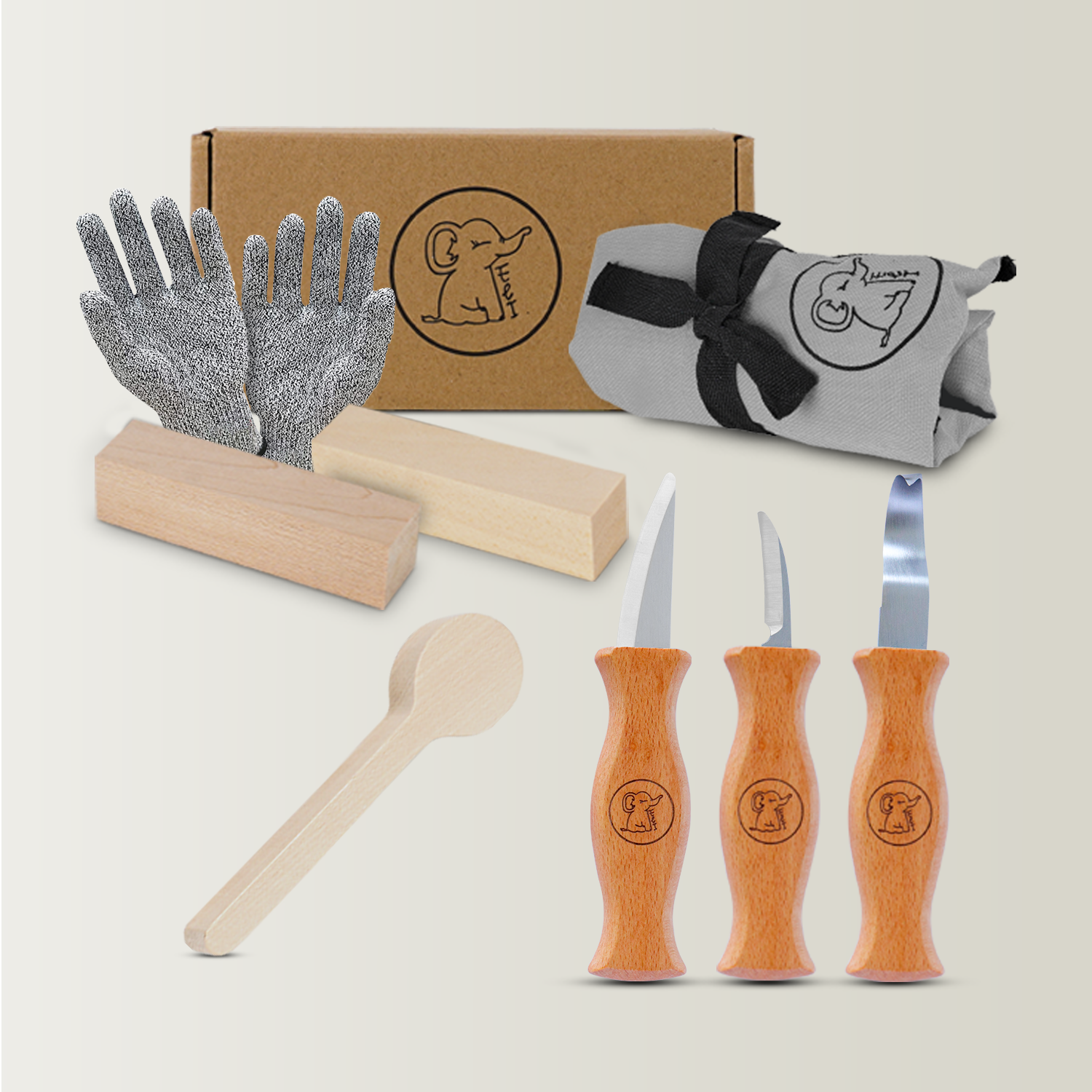 Schnitzset inkl. Lindenholz, Handschuhen und grauer Tasche