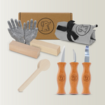 Schnitzset inkl. Lindenholz, Handschuhen und gelber Tasche