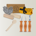 Schnitzset inkl. Lindenholz, Handschuhen und gelber Tasche