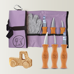 Schnitzset aus 3 Messern, Handschuhen und Tasche in Flieder