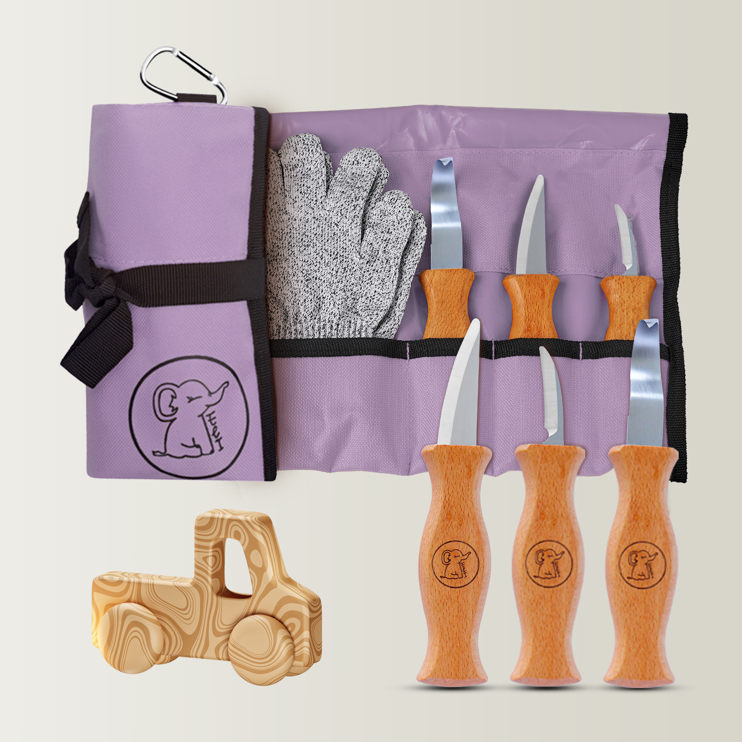 Schnitzset aus 3 Messern, Handschuhen und Tasche in Flieder