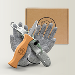 Kinderschnitzmesser mit grauer Filztasche und Handschuhen