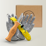 Kinderschnitzmesser mit gelber Filztasche und Handschuhen