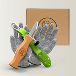 Kinderschnitzmesser mit grüner Filztasche und Handschuhen