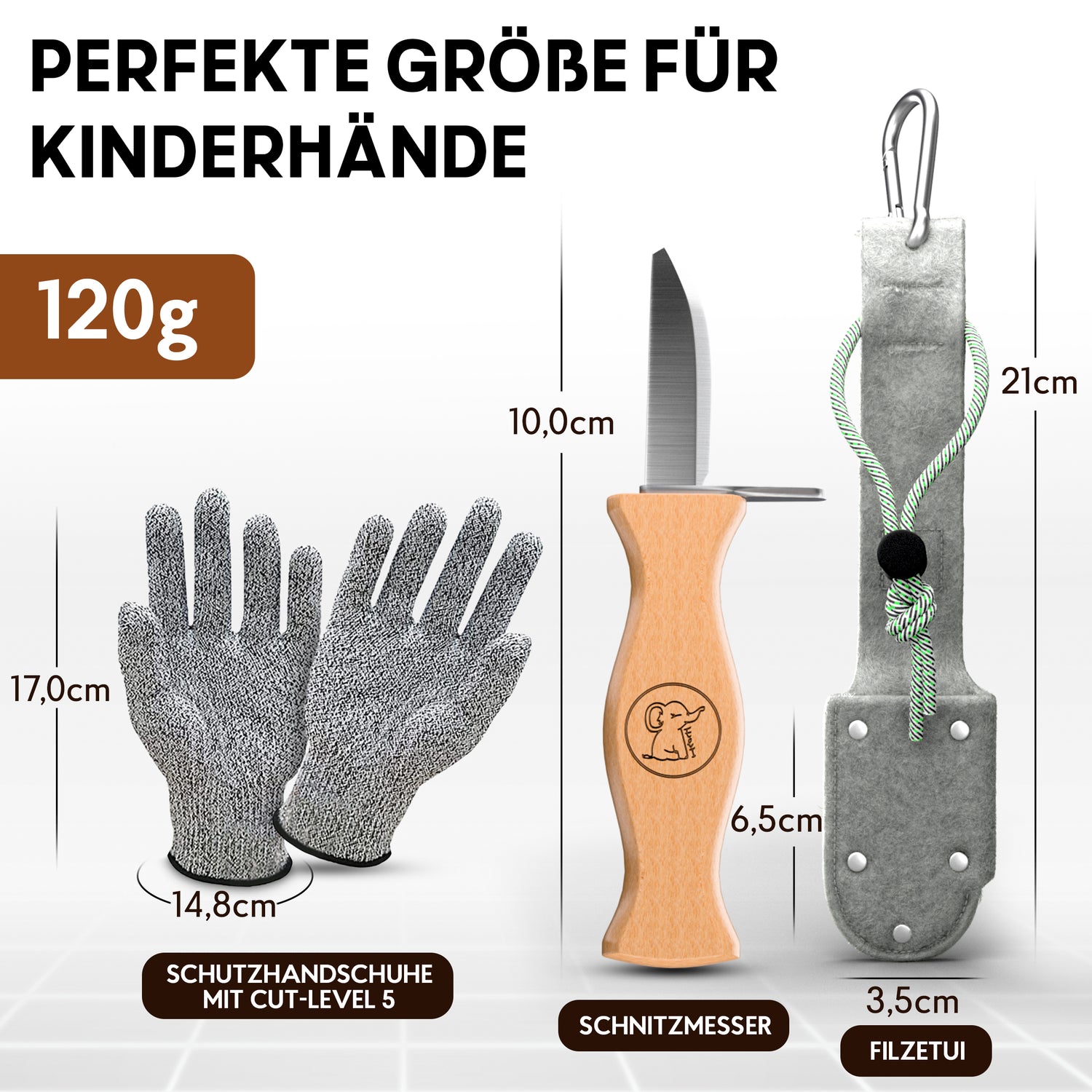 Kinderschnitzmesser mit grauer Filztasche und Handschuhen