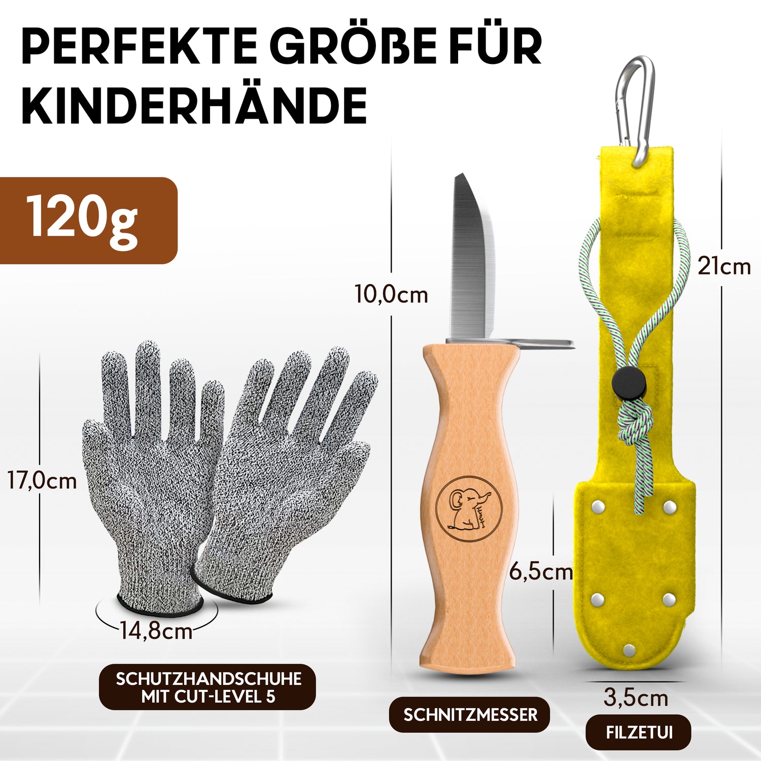 Kinderschnitzmesser mit gelber Filztasche und Handschuhen