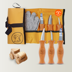 Schnitzset aus 3 Messern, Handschuhen und gelber Tasche