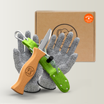 Kinderschnitzmesser mit grüner Filztasche und Handschuhen