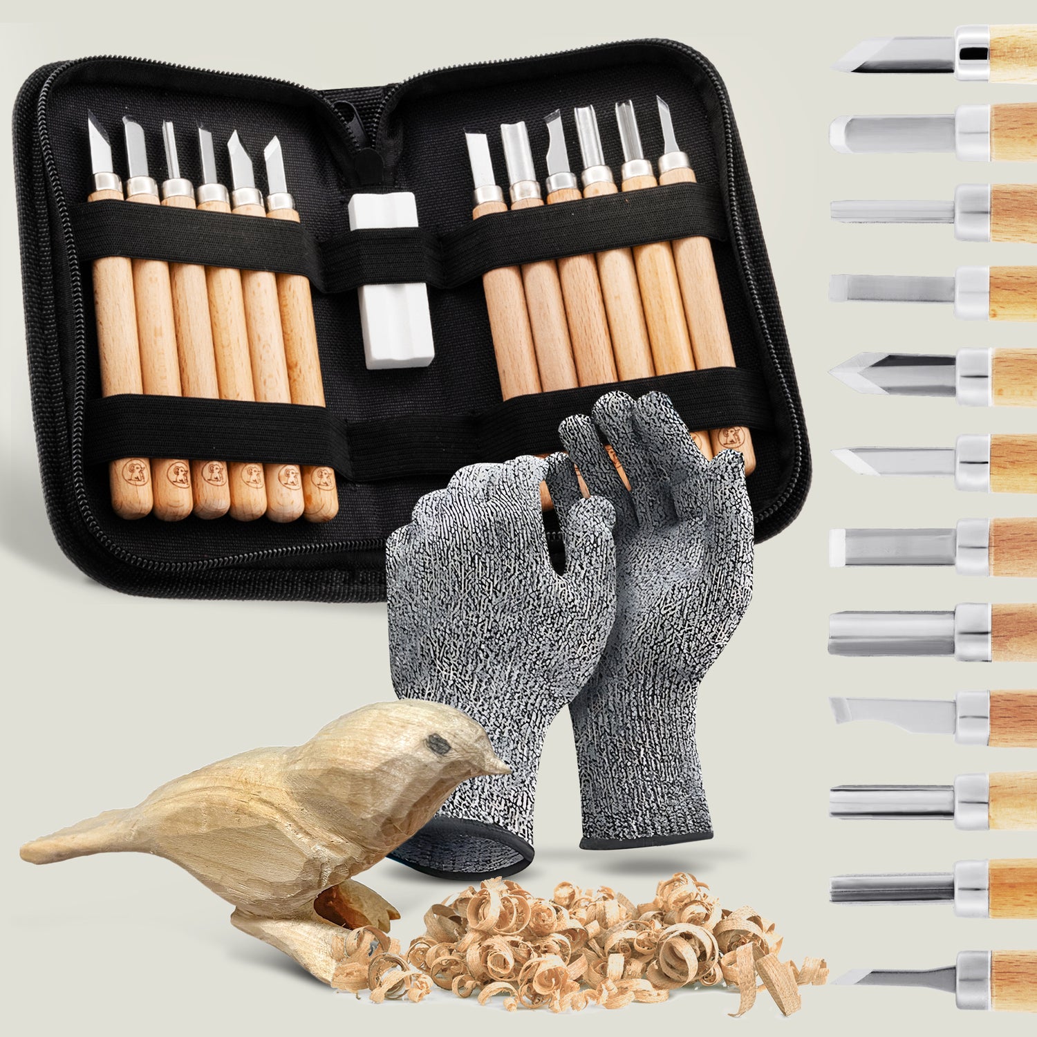 Schnitzmesser Kinder mit 12 Werkzeugen - Handschuhe - Schleifstein