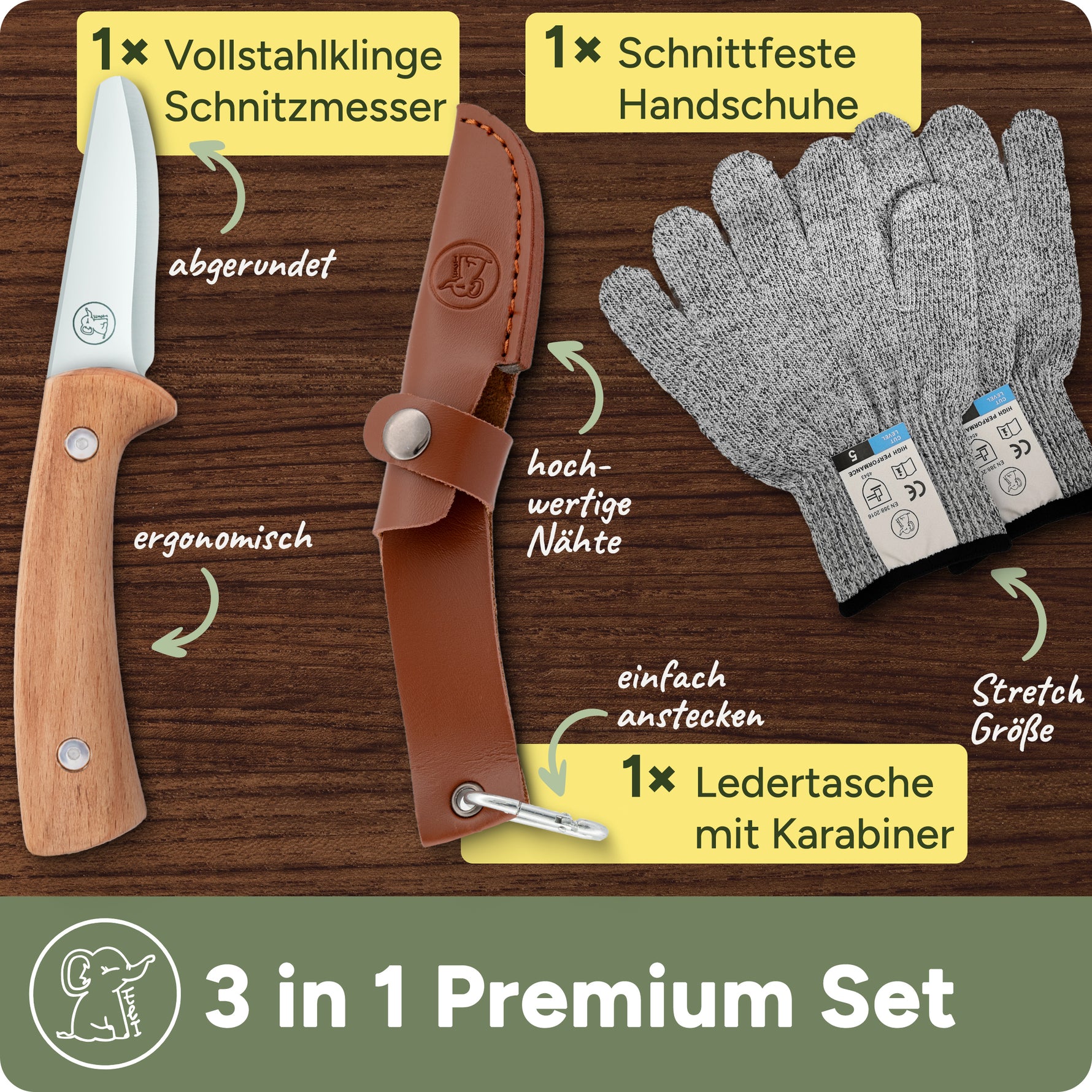 Eli® Schnitzmesser für Kinder mit Ledertasche & Handschuhen
