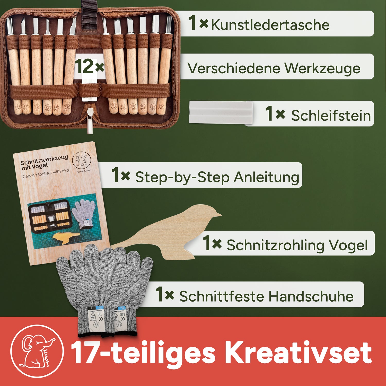 Schnitzmesser Kinder mit 12 Werkzeugen, Anleitung und Ledertasche