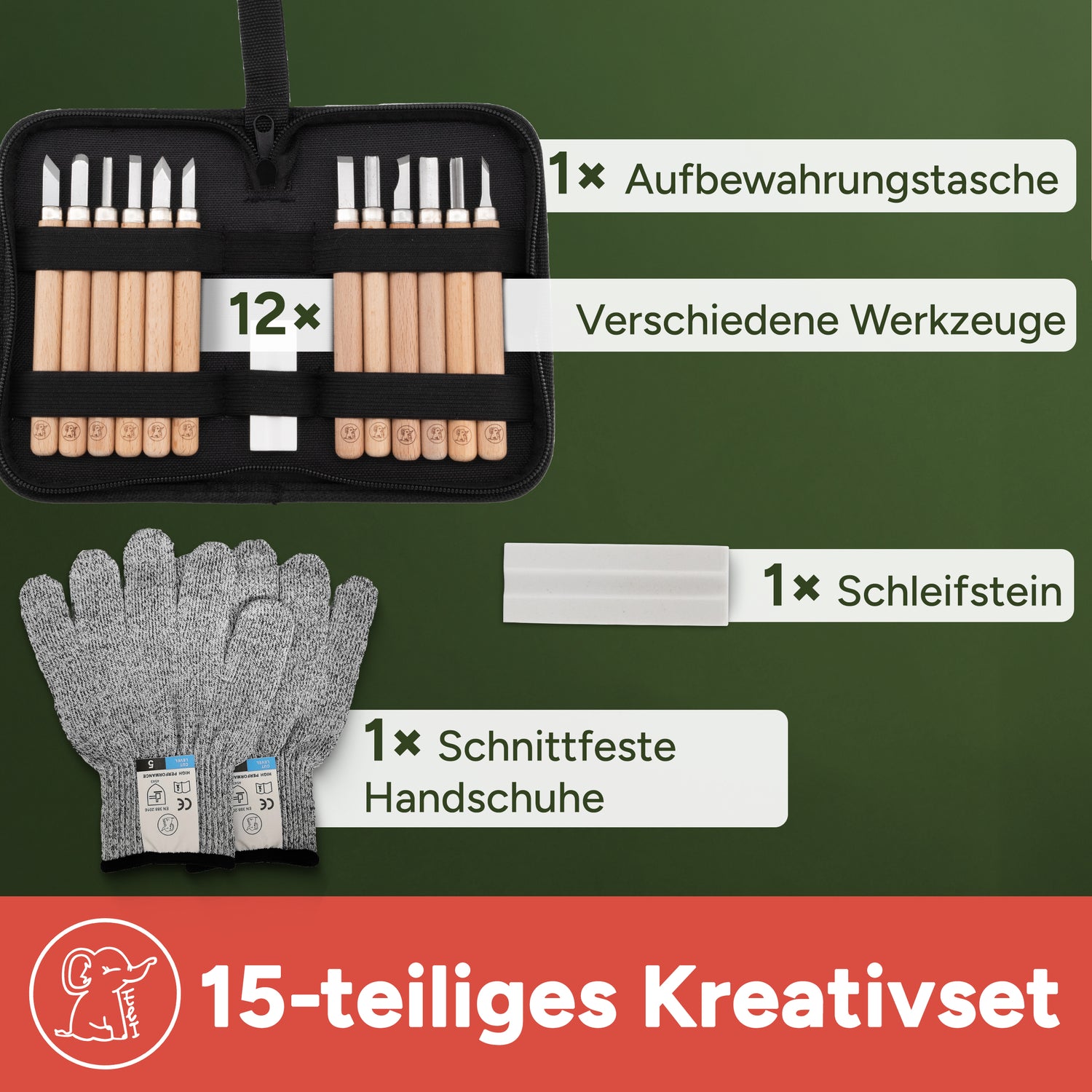 Schnitzmesser Kinder mit 12 Werkzeugen - Handschuhe - Schleifstein