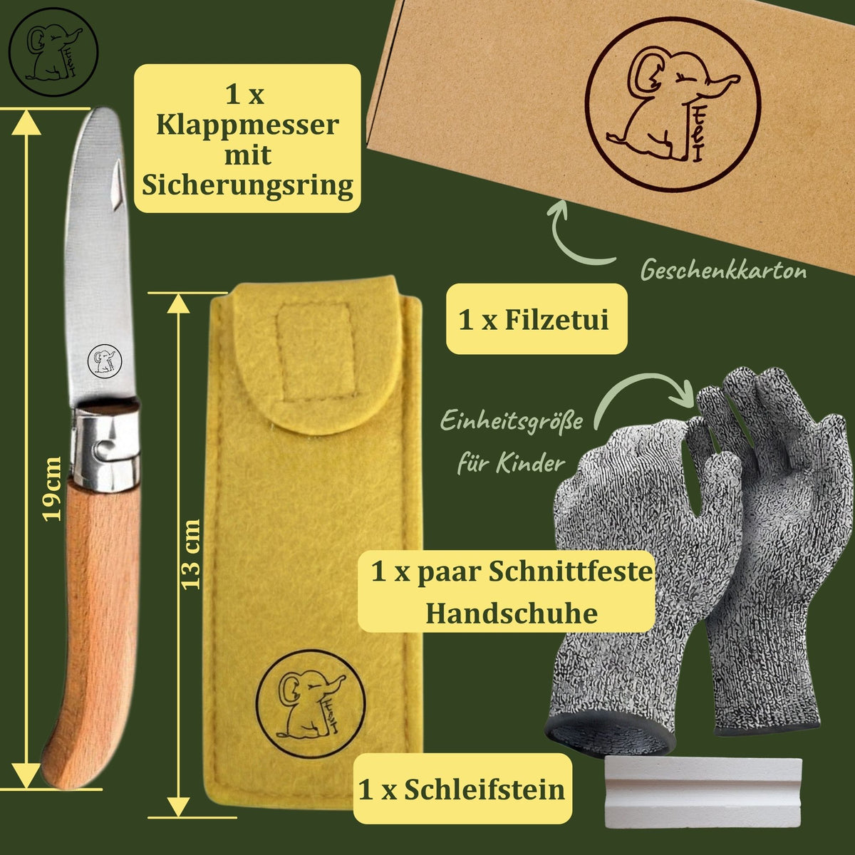 Kinderschnitzmesser mit Schnitzholz, Handschuhen & Filztasche