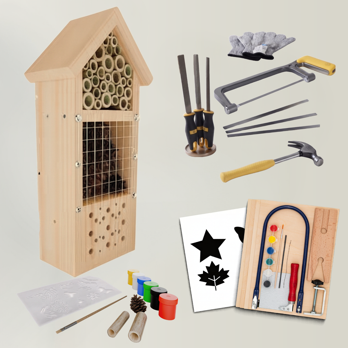 Erstes Naturprojekt – Laubsäge Set mit Werkzeug & Insektenhotel Bausatz
