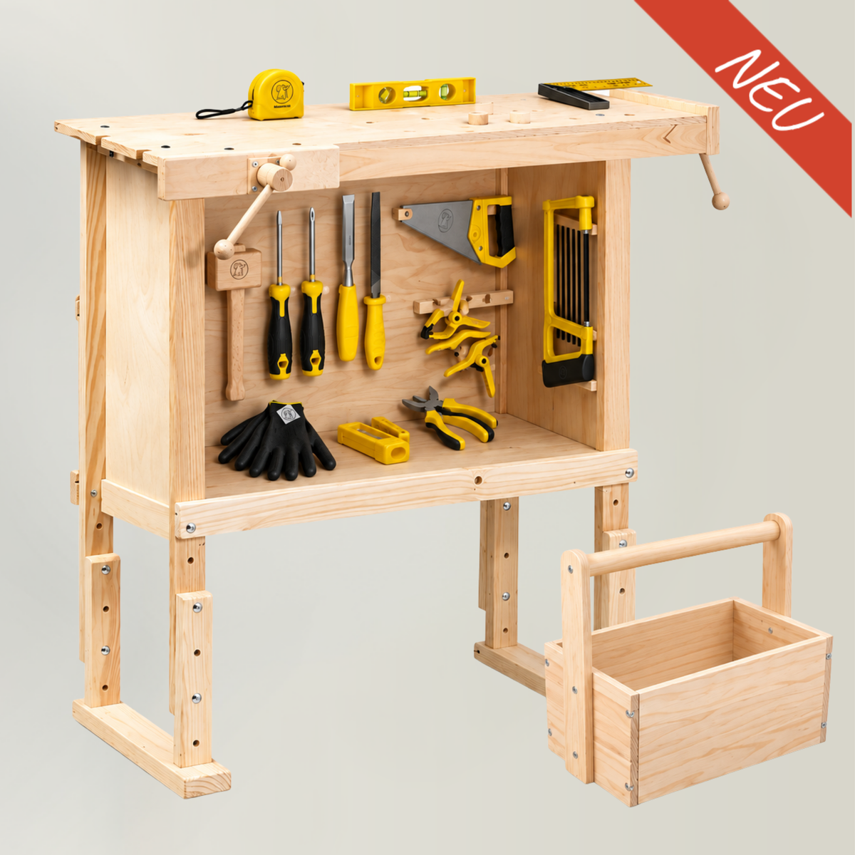 Kinderwerkbank aus Vollholz mit Werkzeug-Set 15-teilig – höhenverstellbar