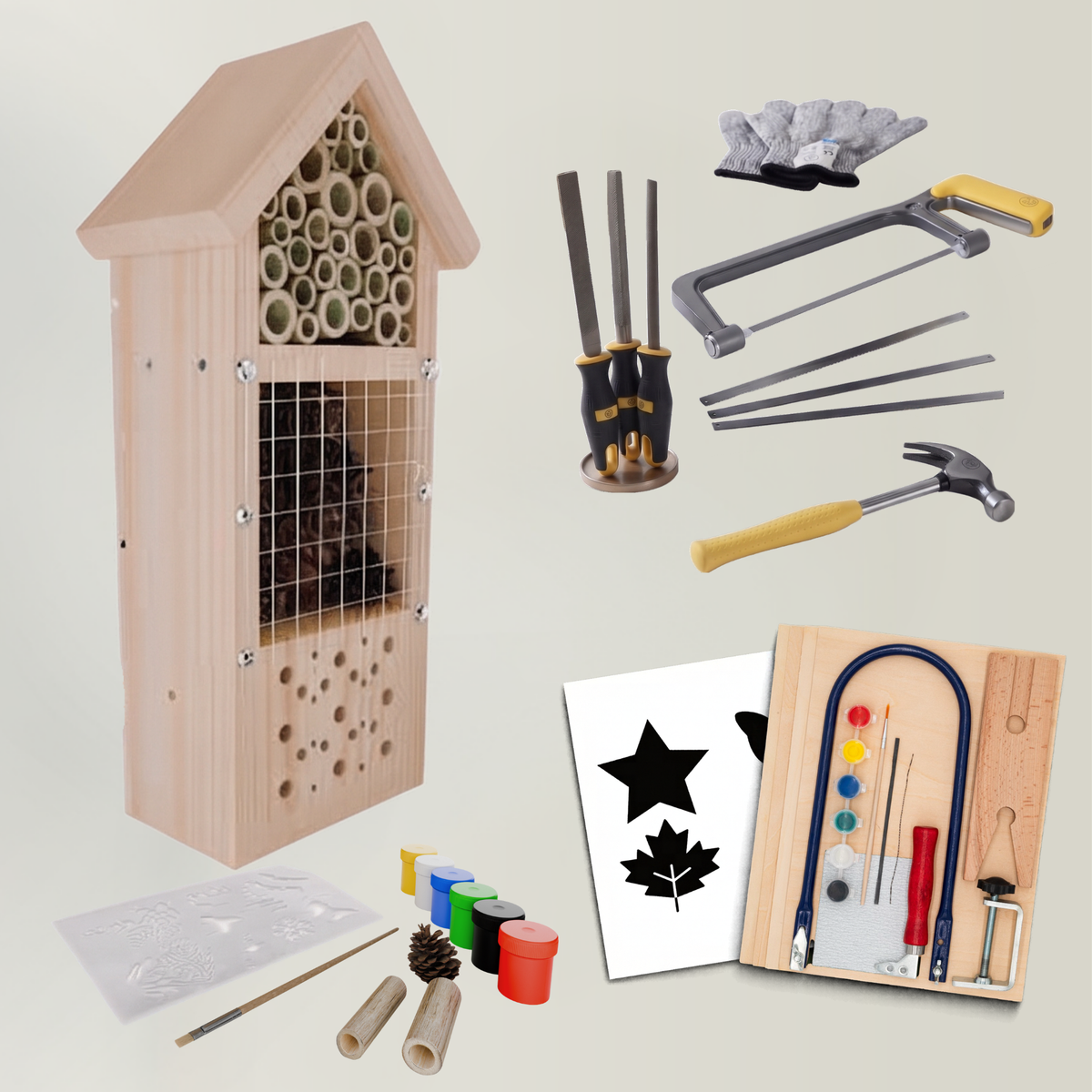 Erstes Naturprojekt – Laubsäge Set mit Werkzeug & Insektenhotel Bausatz