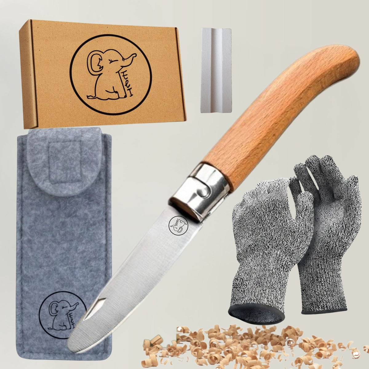 Kinderschnitzmesser mit Klappfunktion, Handschuhen & Filztasche