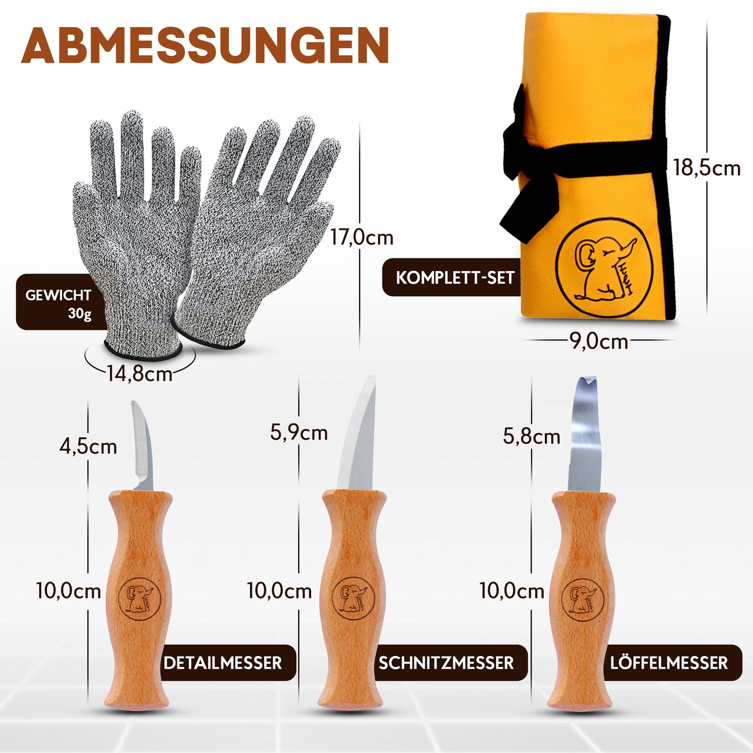 Schnitzset aus 3 Messern, Handschuhen und gelber Tasche