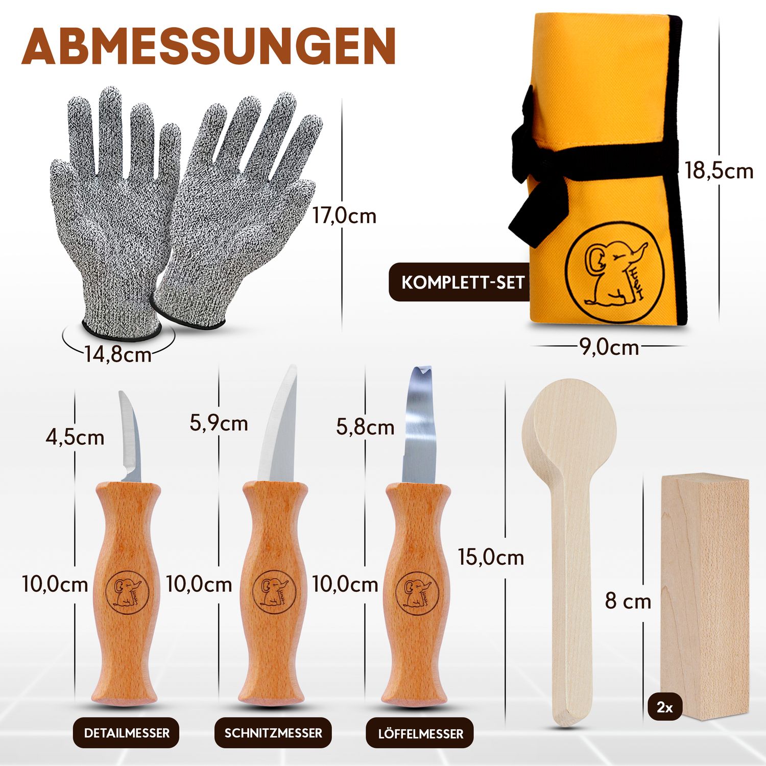 Schnitzset inkl. Lindenholz, Handschuhen und gelber Tasche
