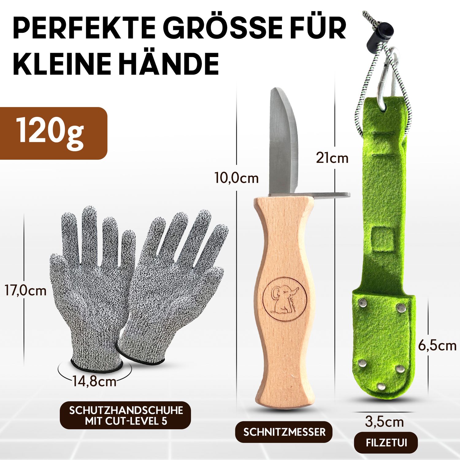 Kinderschnitzmesser mit grüner Filztasche und Handschuhen