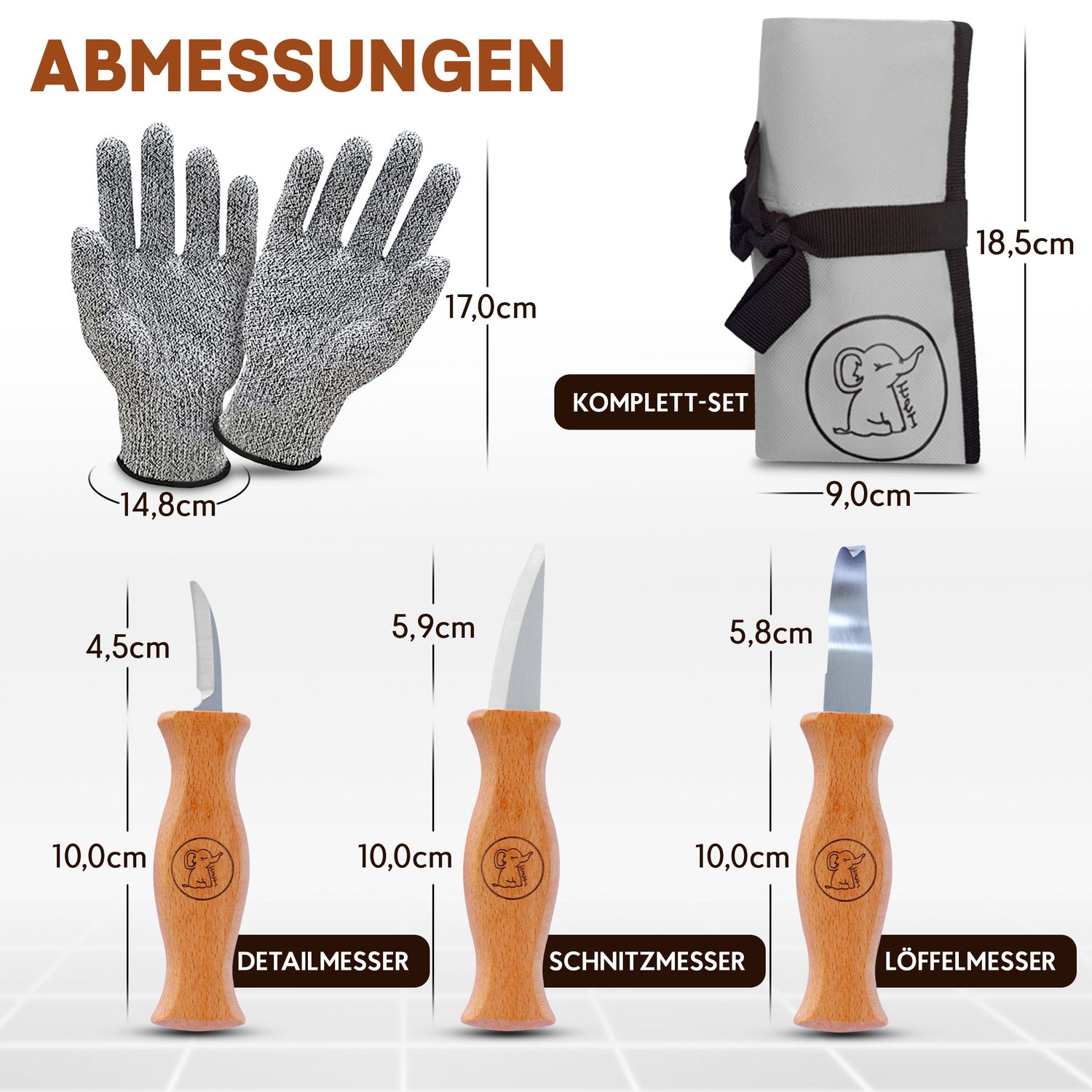 Schnitzset aus 3 Messern, Handschuhen und grauer Tasche
