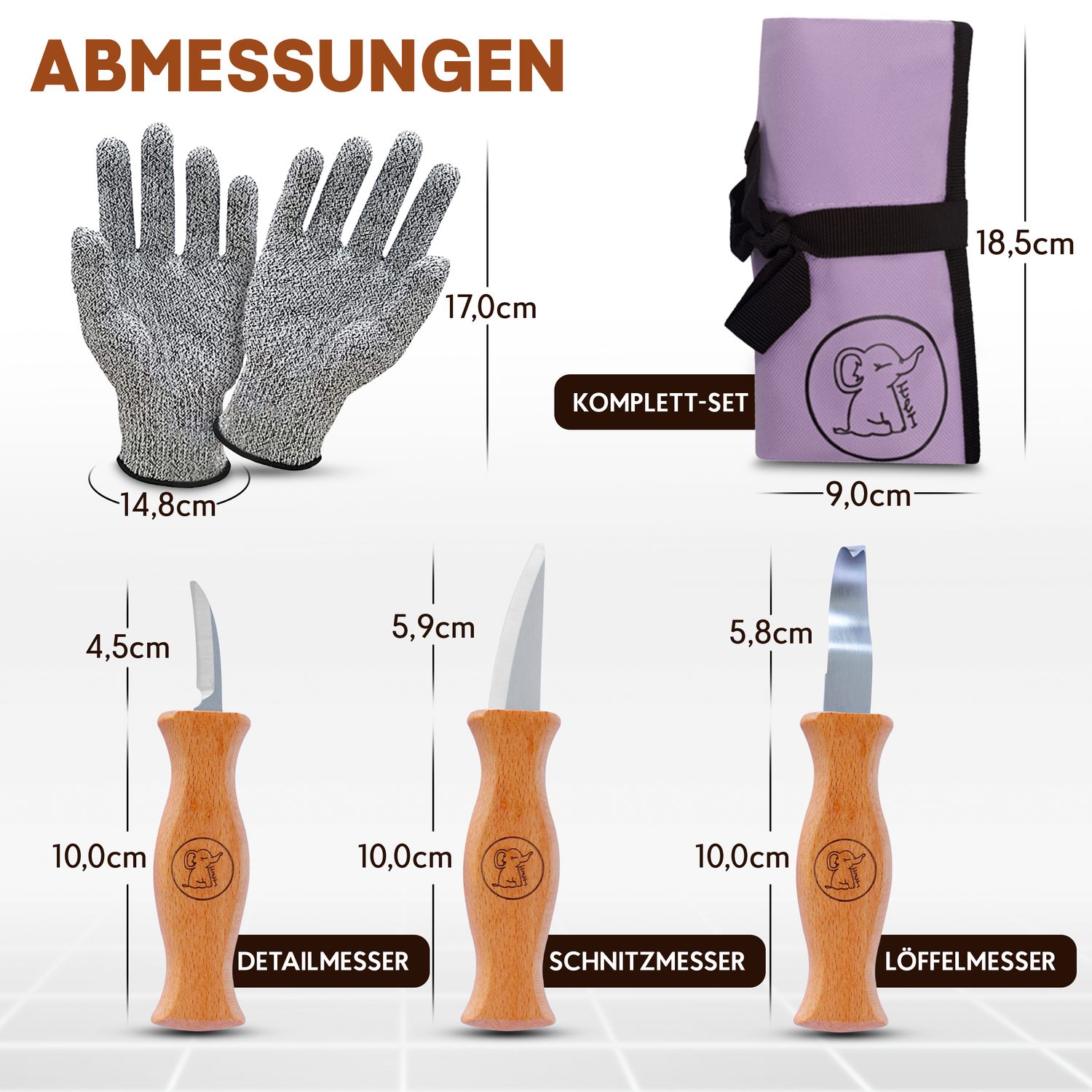 Schnitzset aus 3 Messern, Handschuhen und Tasche in Flieder