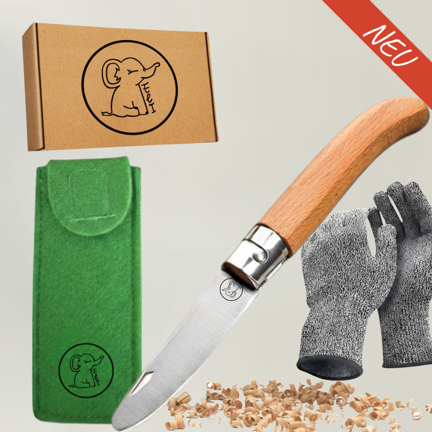 Kinderschnitzmesser mit Klappfunktion, Handschuhen & Filztasche