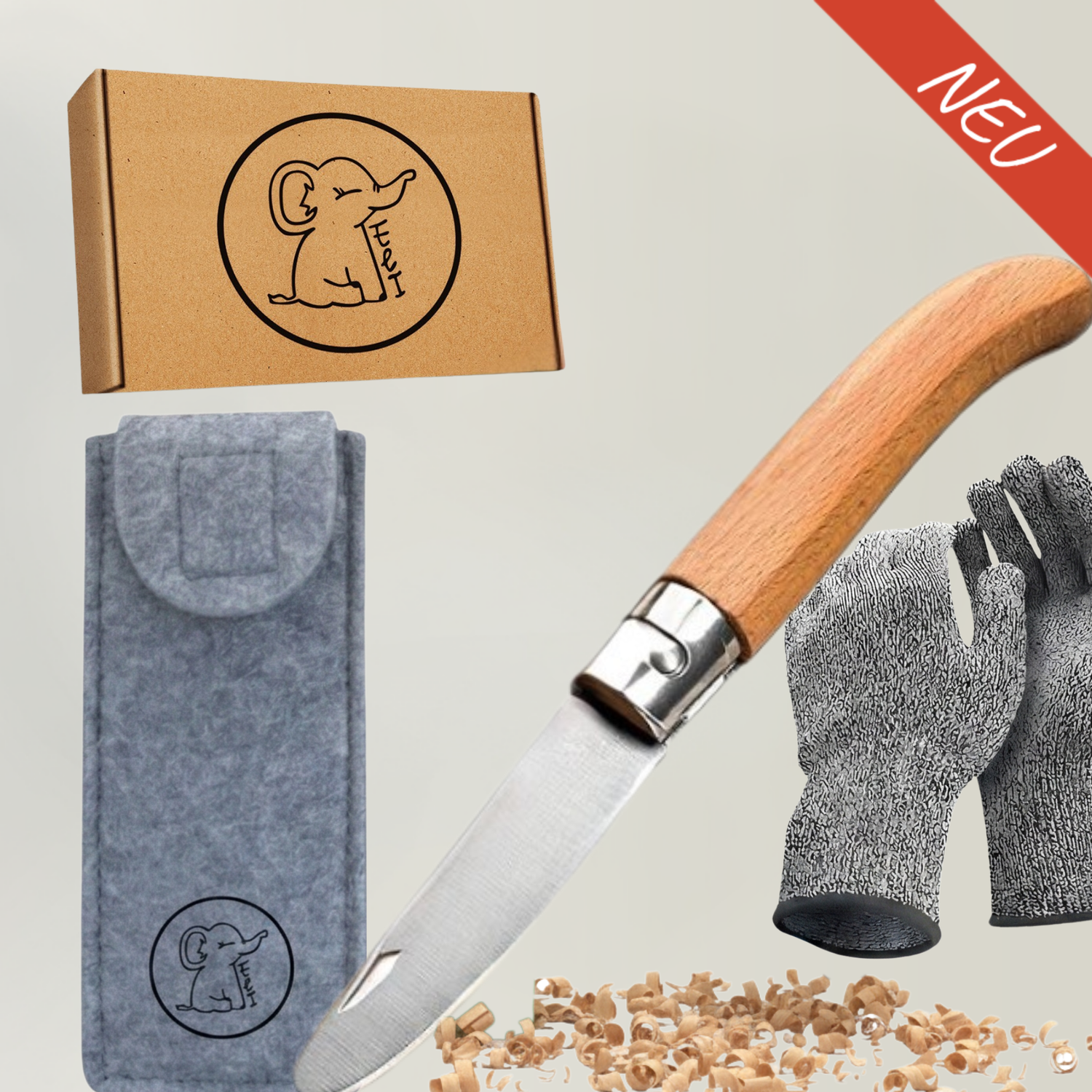 Kinderschnitzmesser mit Klappfunktion, Handschuhen & Filztasche