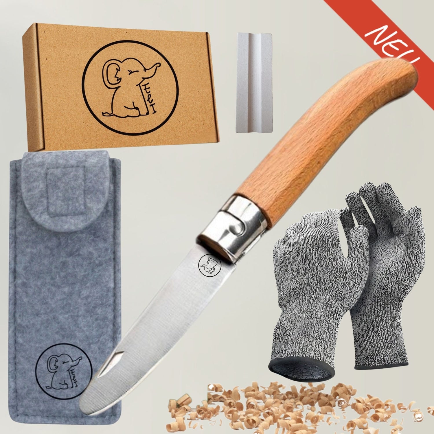 Kinderschnitzmesser mit Klappfunktion, Handschuhen & Filztasche