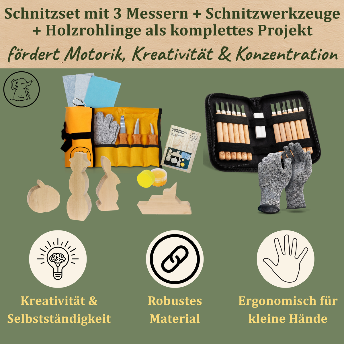 Erstes Schnitzprojekt – Komplettset mit Werkzeug, Schnitzmessern & Schnitzfiguren