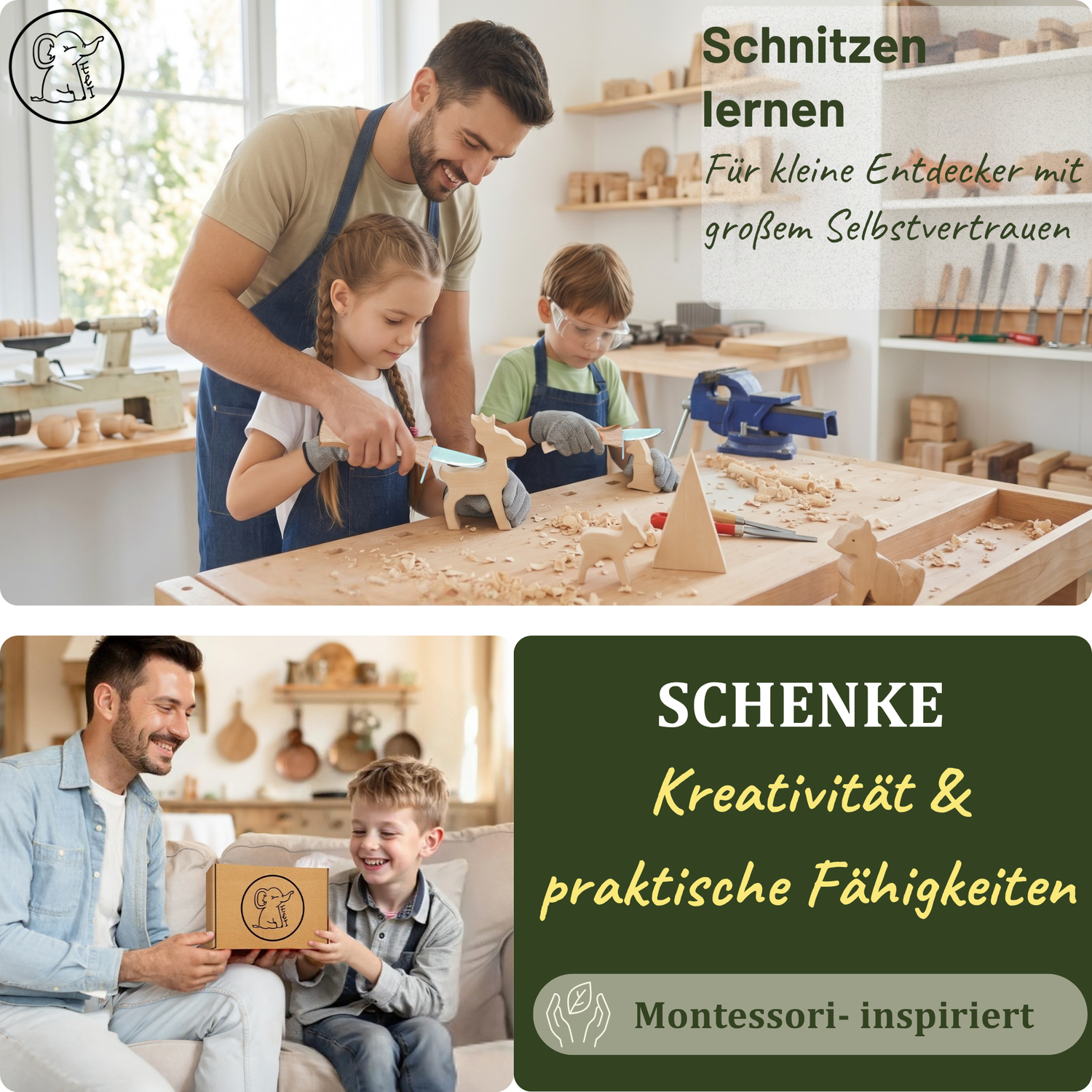 Schnitzholz Waldtier-Set aus Lindenholz mit Anleitung - 4 Figuren