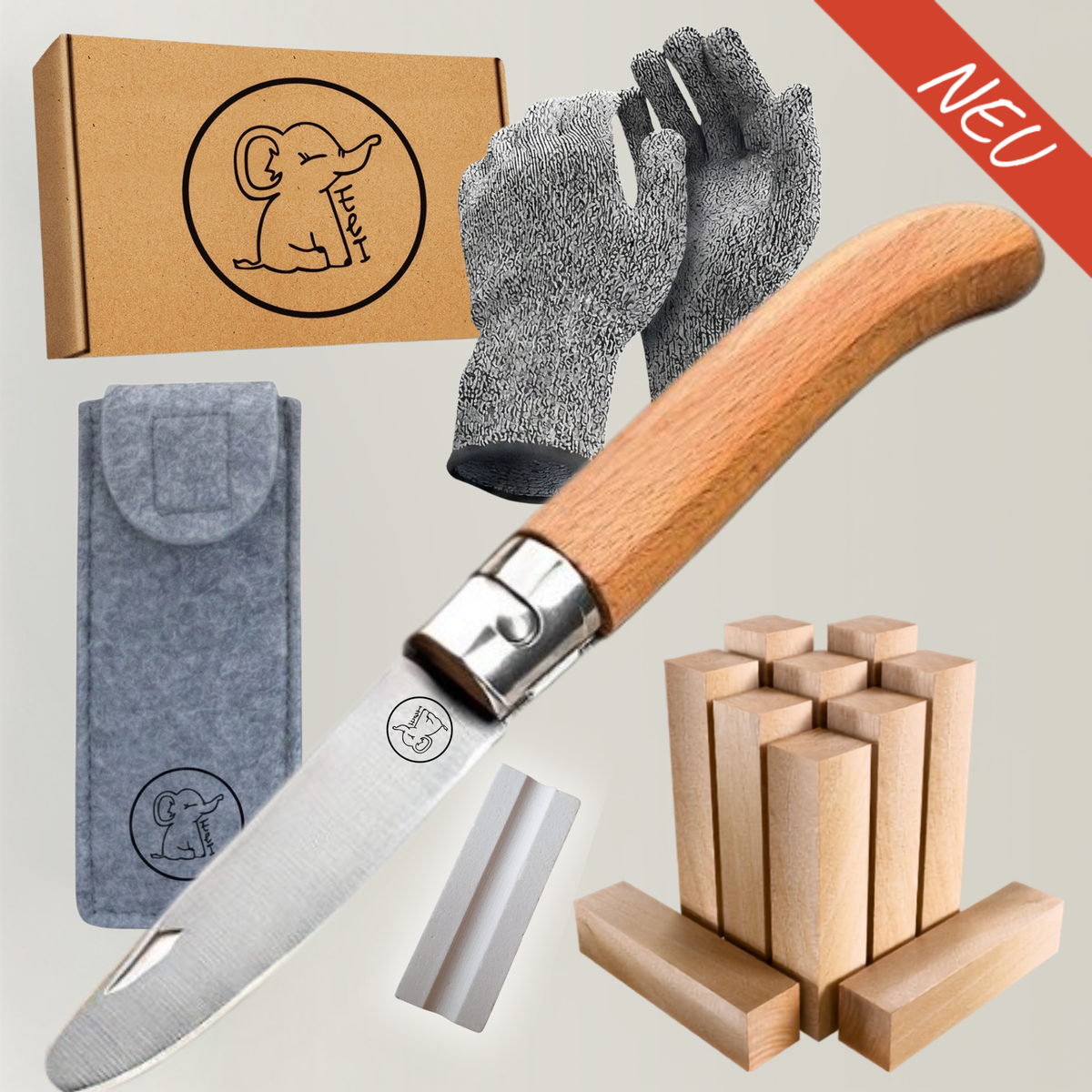 Kinderschnitzmesser mit Schnitzholz, Handschuhen & Filztasche