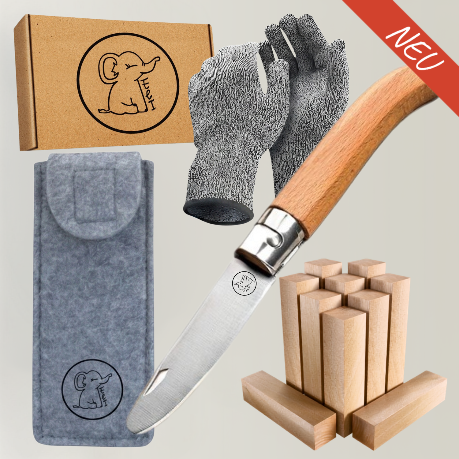 Kinderschnitzmesser mit Schnitzholz, Handschuhen & Filztasche