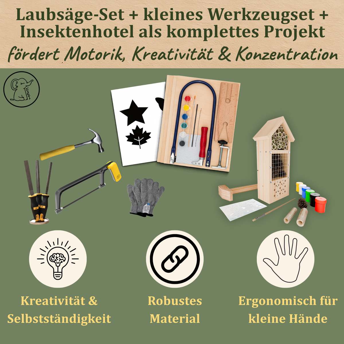 Erstes Naturprojekt – Laubsäge Set mit Werkzeug & Insektenhotel Bausatz