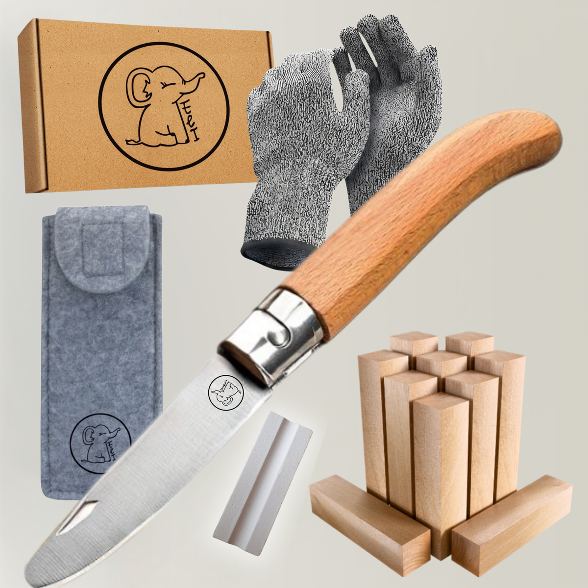Kinderschnitzmesser mit Schnitzholz, Handschuhen & Filztasche