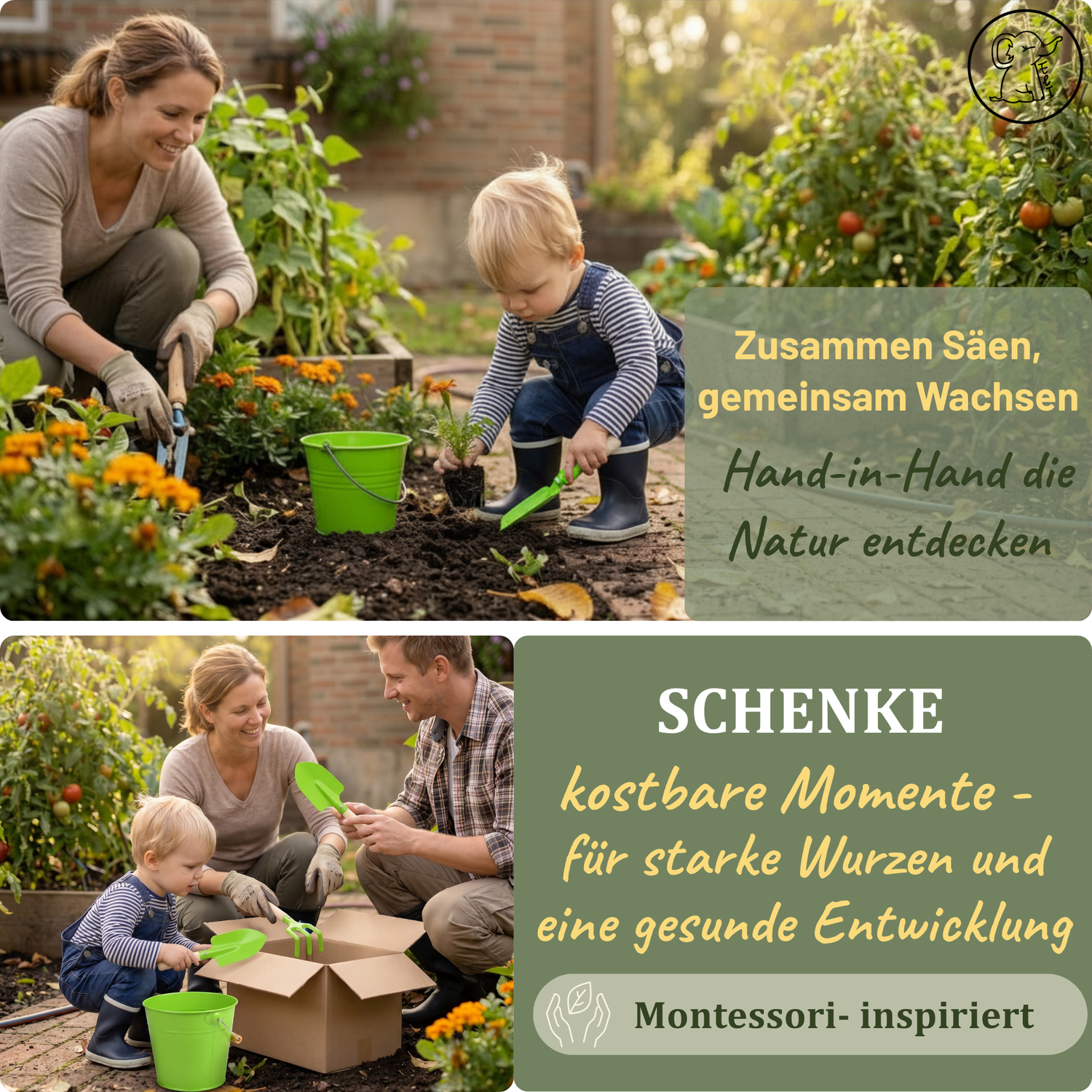 Kinder Gartenset 4-teilig - Spaten, Schaufel, Blumengabel & Eimer