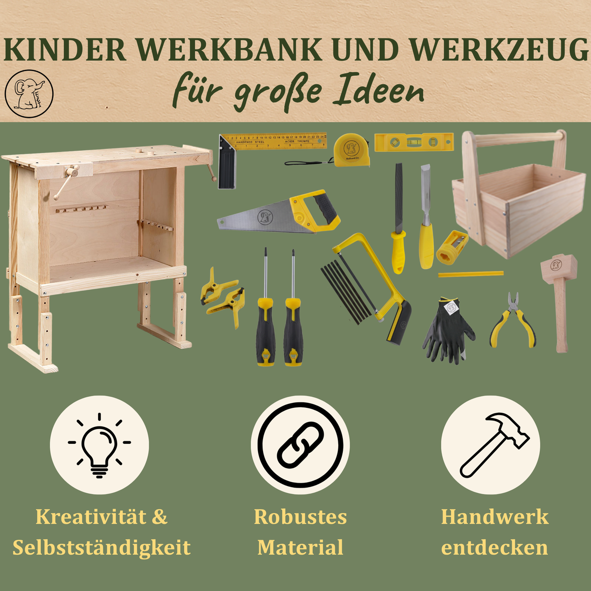 Kinderwerkbank aus Vollholz mit Werkzeug-Set 15-teilig – höhenverstellbar